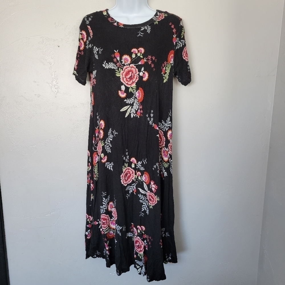 Stevie Hender Large Black Floral Midi Dress Lined Short Sleeve Stretchy Comfy